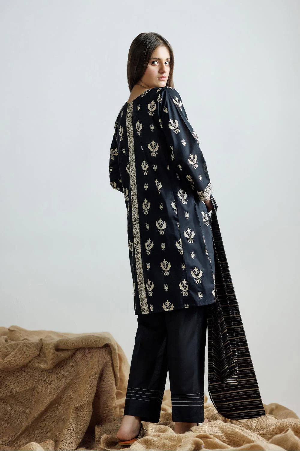 Black & Fawn | Casual 3 Piece Suit | Cotton Lawn Printed