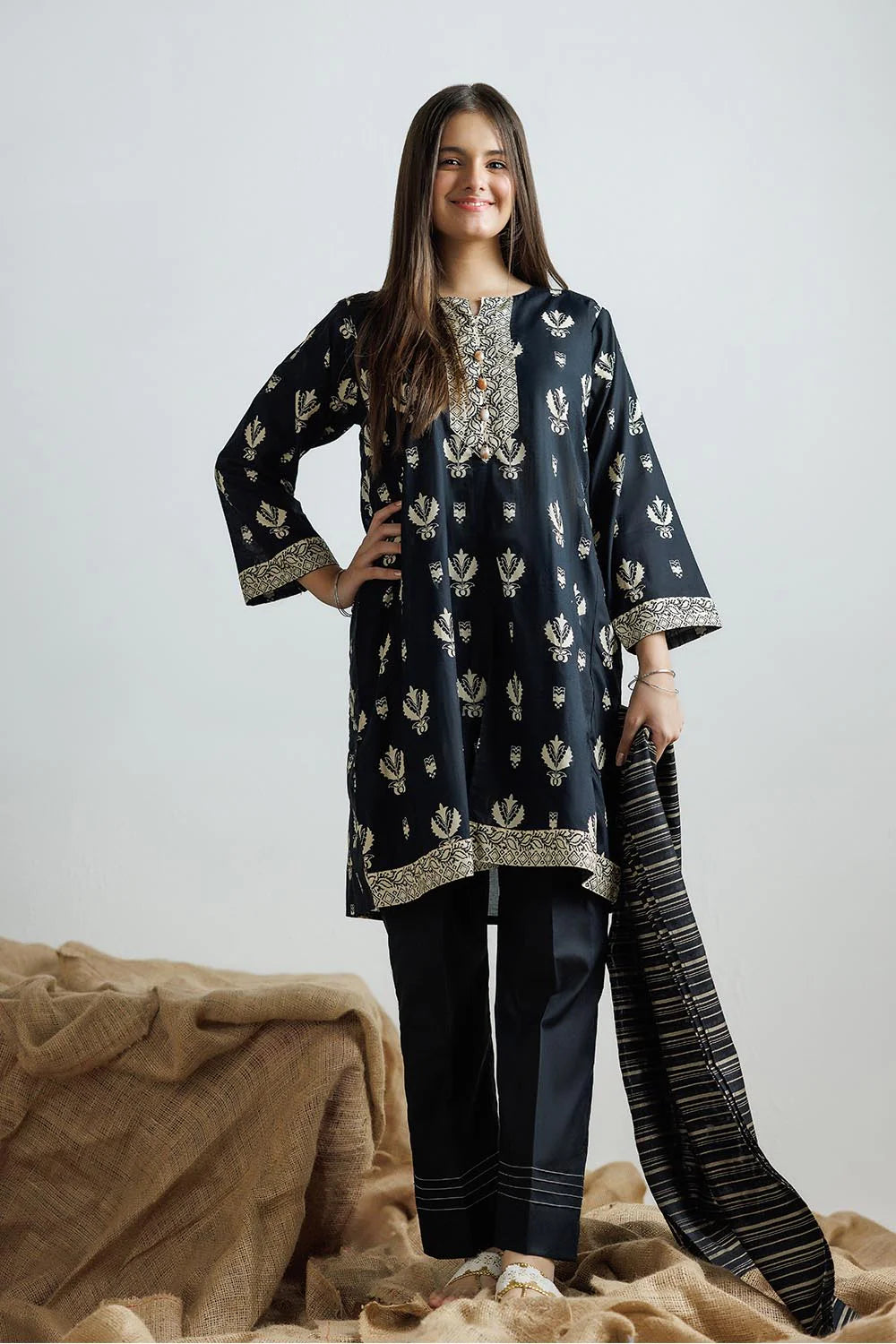 Black & Fawn | Casual 3 Piece Suit | Cotton Lawn Printed