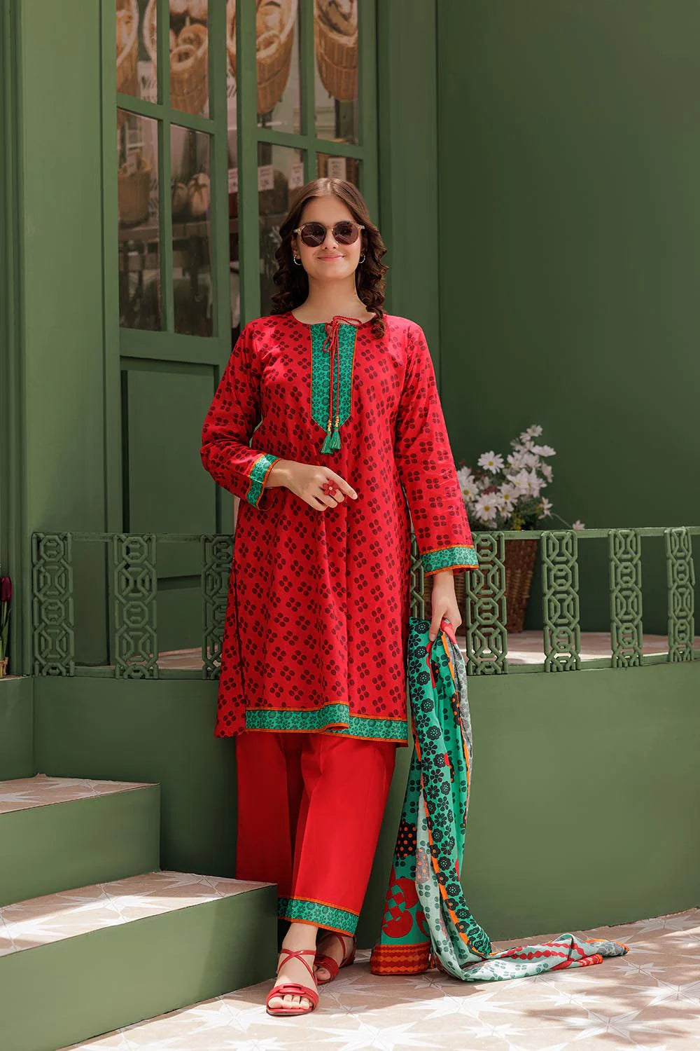 Red & Multicolor | Casual 3 Piece Suit | Cotton Lawn Printed
