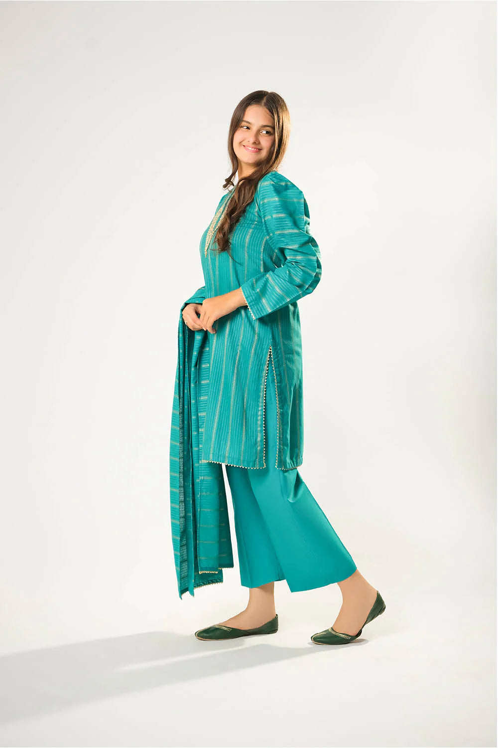 Girls winter clothes | Turquoise Green & Gold | Casual 3 Piece Suit | Cotton Karandi Dobby
