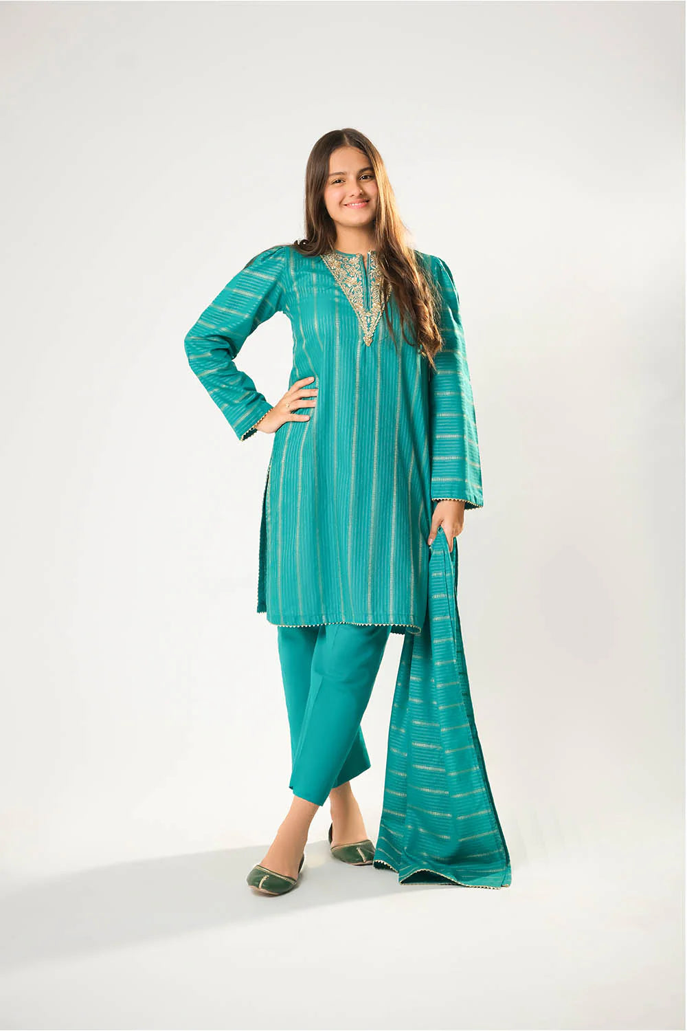 Girls winter clothes | Turquoise Green & Gold | Casual 3 Piece Suit | Cotton Karandi Dobby