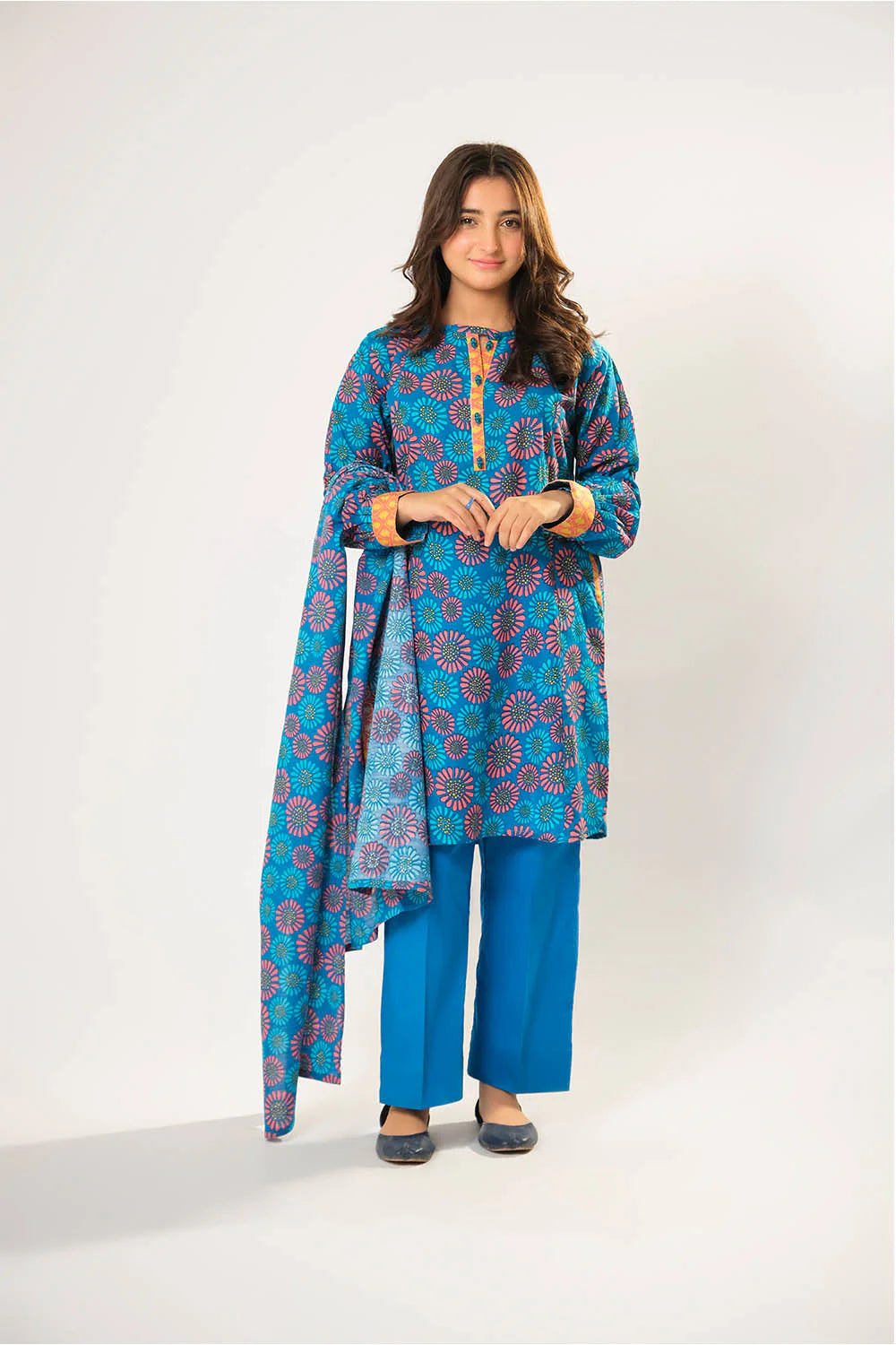 Girls winter clothes | Blue & Multicolor | Casual 3 Piece Suit | Cotton Khaddar Printed