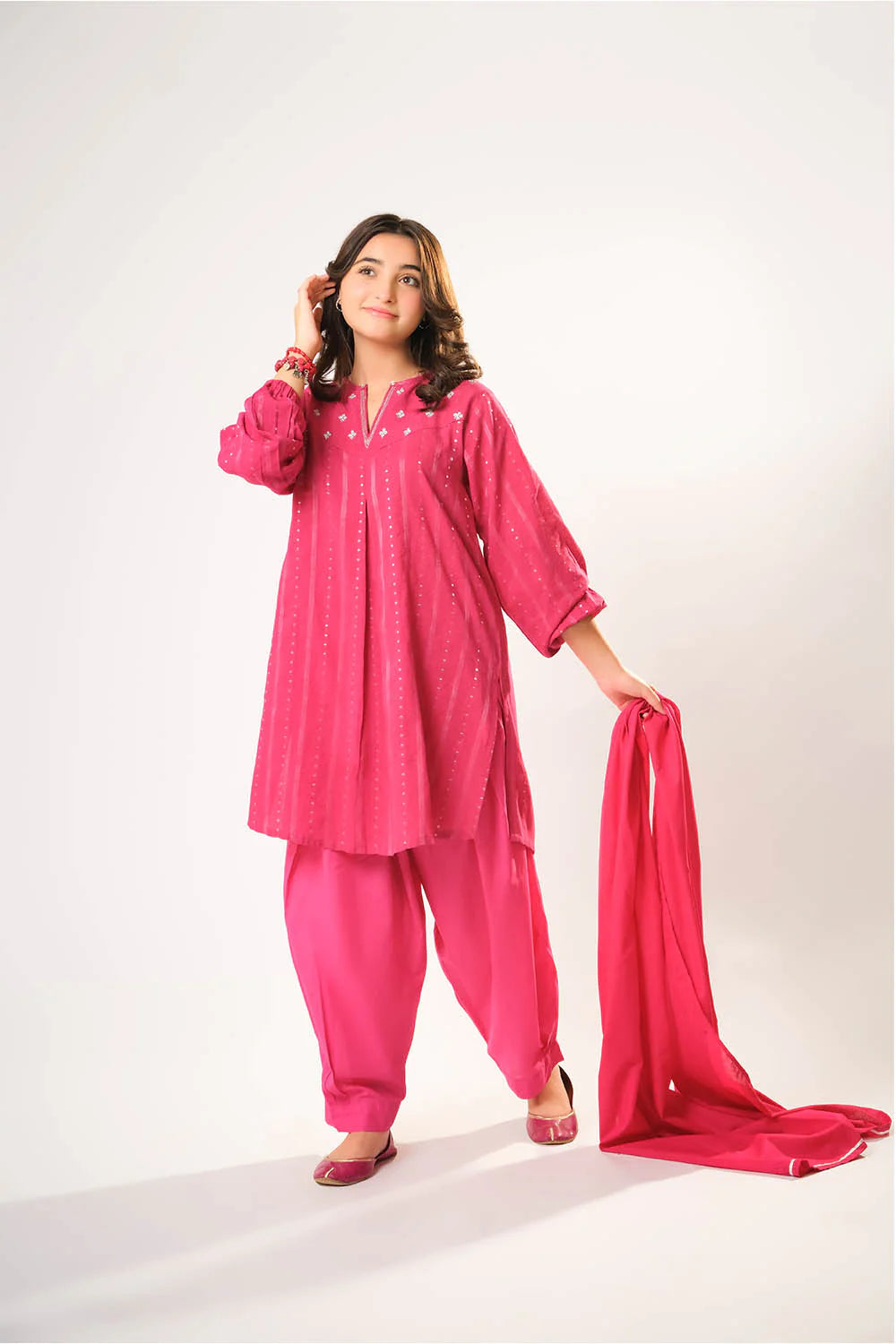 Girls winter clothes | S.Pink & Sliver | Casual 3 Piece Suit | Cotton Karandi Dobby
