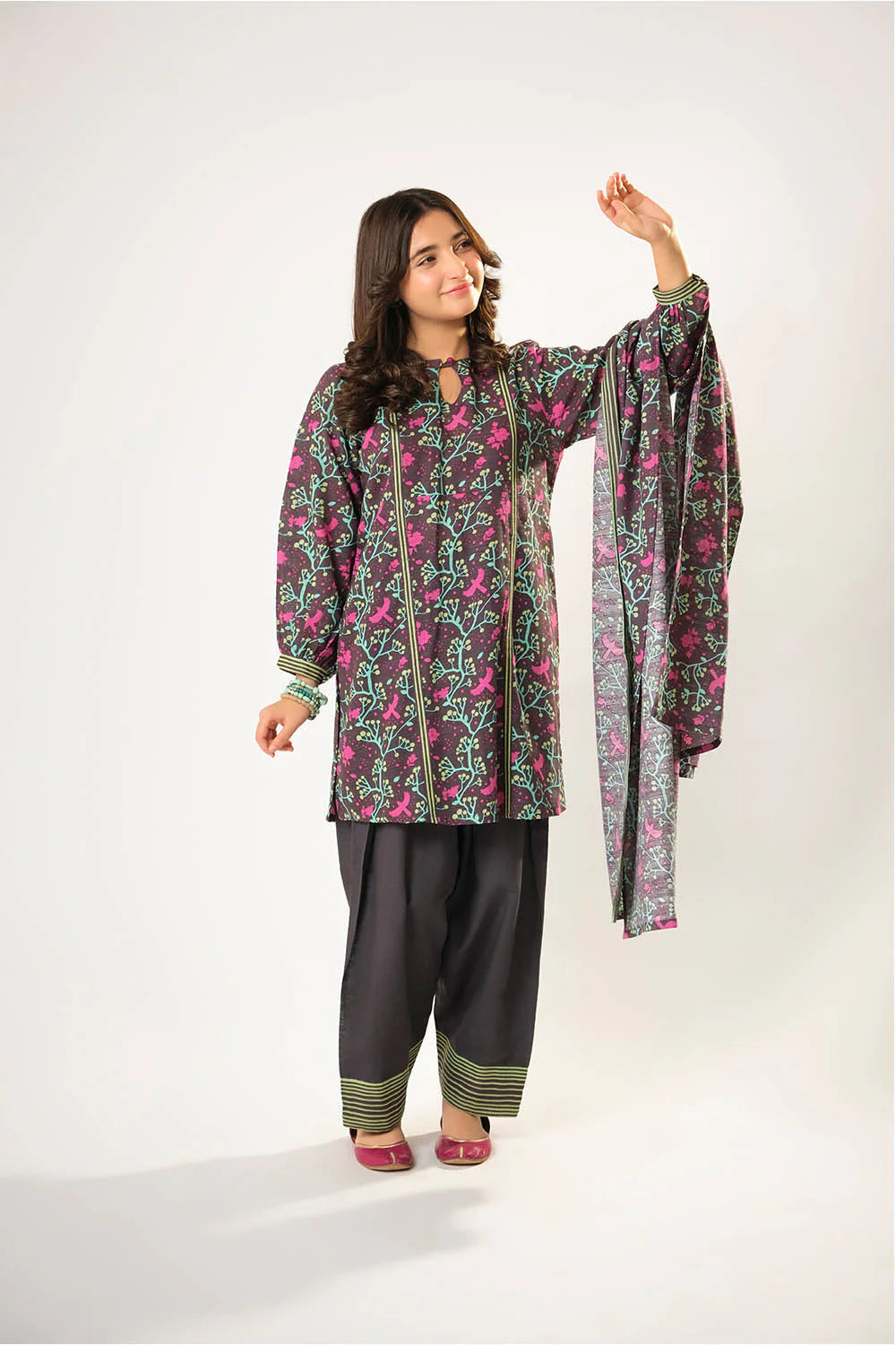 Girls winter clothes | Grey & Multicolor | Casual 3 Piece Suit | Cotton Khaddar Printed