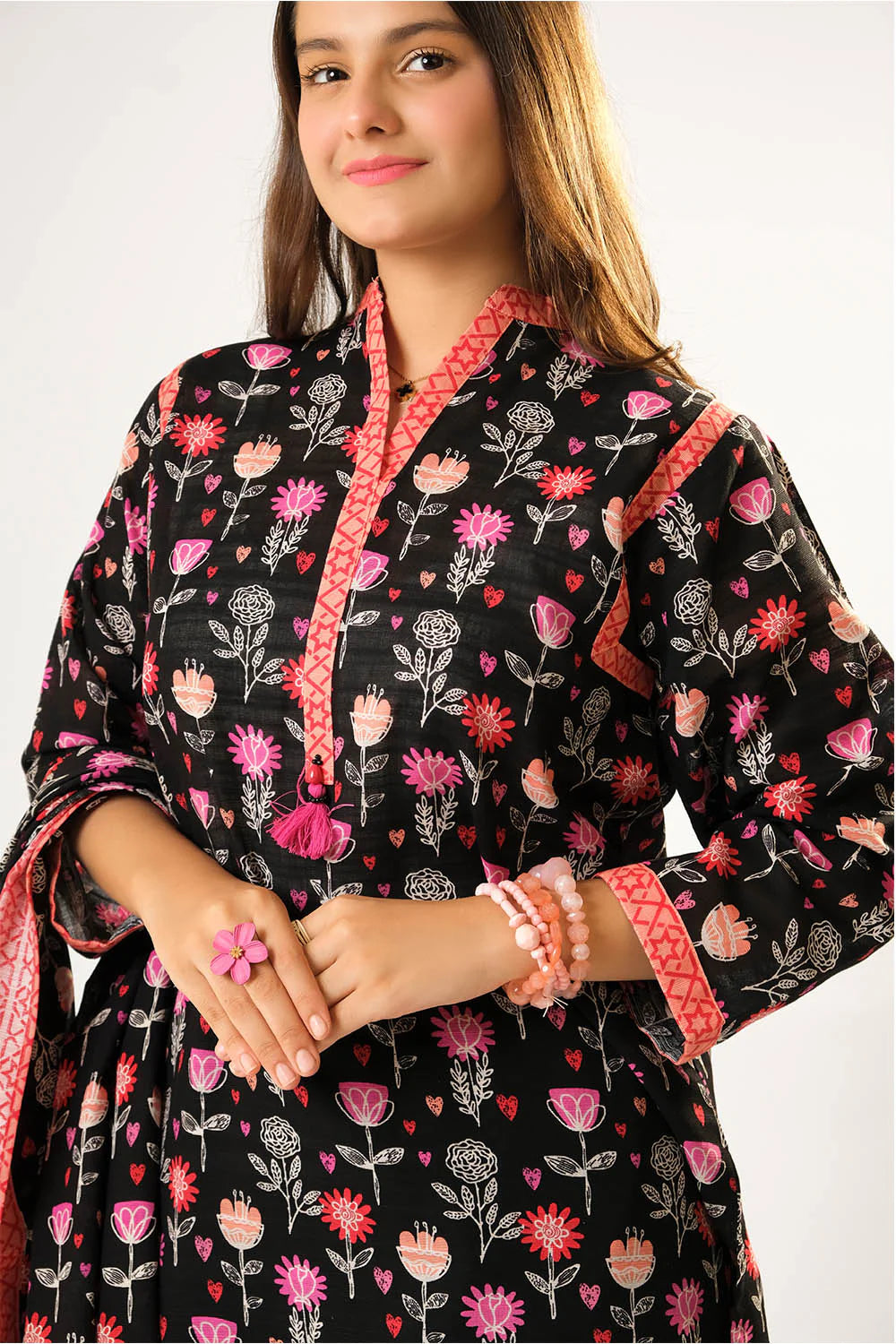 Girls winter clothes | Black & Multicolor | Casual 3 Piece Suit | Cotton Khaddar Printed