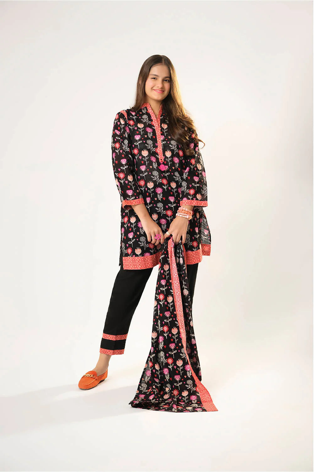 Girls winter clothes | Black & Multicolor | Casual 3 Piece Suit | Cotton Khaddar Printed