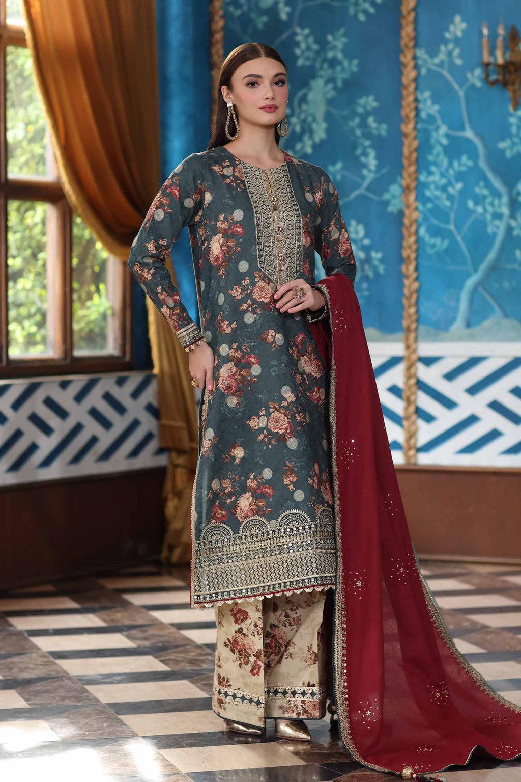 3 Piece - Digital Printed Embroidered Suit